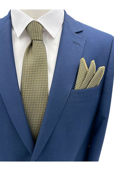 Brianze Yellow Black Blue Patterned Tie Handkerchief Set