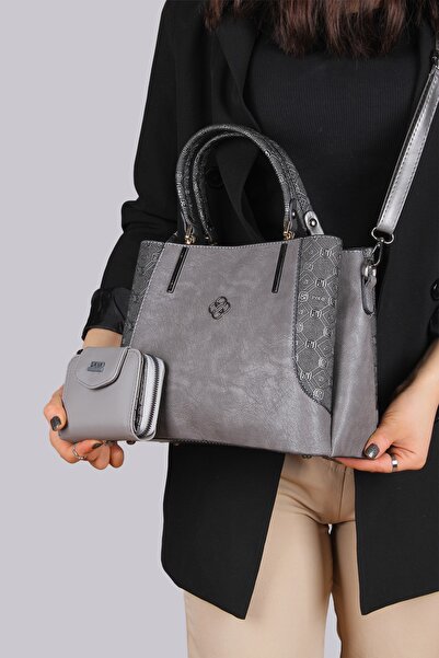 By Hakan Dm-1244 Nubuk Cüzdan Kombinli Kadın El Ve Omuz Çantası Gri