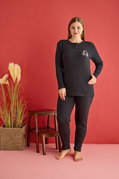 MODAREYA Long Sleeve Thin Seasonal Report Collar Placket and Buttoned Embroidered Pajamas Set