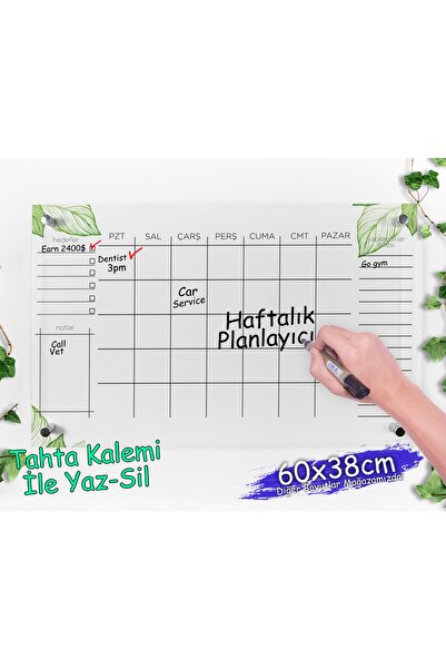 ÇağHan Dekorasyon 60x38 Haftalık Duvar Planlayıcı Pleksi | Tahta Kalemi Ile Y...