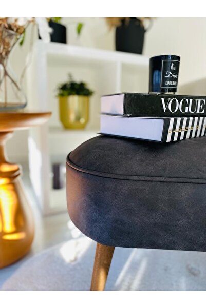 Pufanna collection Pufanna Retro Gürgen Ahşap Ayaklı Geniş Oturum Alanlı Özel Tasarım Oval Bench Puf Antrasit