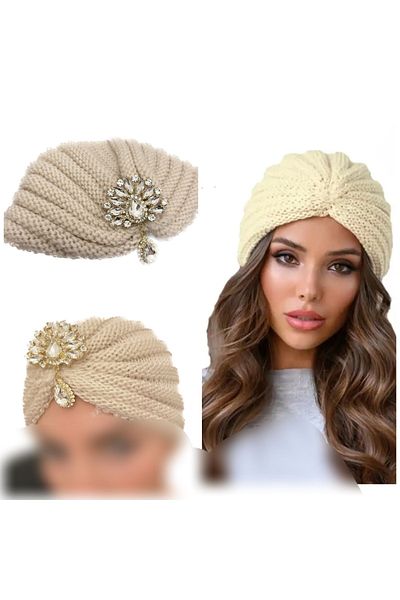 QUEEN AKSESUAR Trend Luxury Special Design Knitted Mesh Crystal Jewelled Brooched Pinned Turban Bonnet Hat Knotted Beanie Women