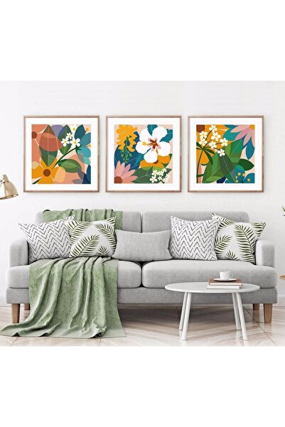 woodhomeworks Ahşap 3'lü Çerçeveli Tablo Soyut Botanik Duvar Sanatı qmrc