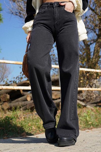 Trn JNS Holly Black Wide Leg Effective Zippered Super ψηλόμεσο τζιν φαρδύ τζιν παντελόνι (χωρίς ξεθώριασμα ύφασμα)