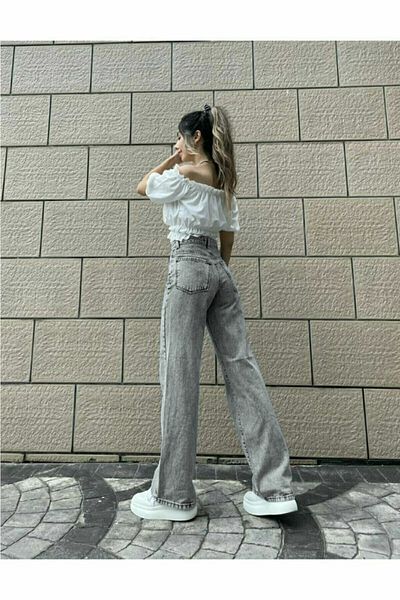 Trn JNS Ash Grey Smoked Power Lycra Super ψηλόμεσο φαρδύ τζιν παντελόνι Palazzo