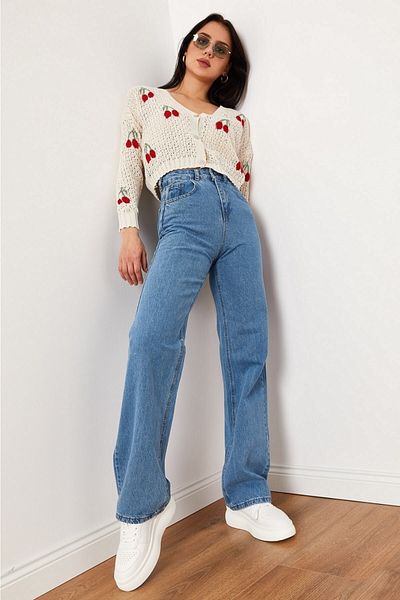 Trn JNS Lycra Straight Blue Blugi largi cu talie super înaltă Pantaloni Palazzo. (Super High) Picior lat