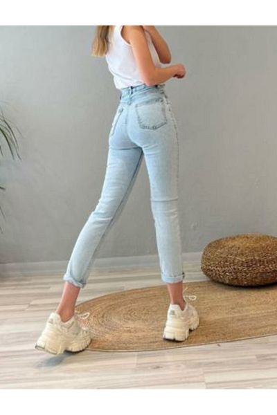 Trn JNS Ice Blue Snow Wash Lycra Blugi Mom Slim cu talie înaltă