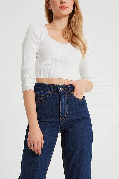 Trn JNS Anii '90 Deep Blue Lycra Blugi largi cu talie super înaltă Pantaloni Palazzo. (Super High) Picior lat