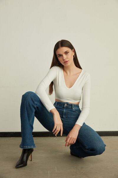 Trn JNS Cocu Medium Blue Flared Leg Denim Pants High Waist Spanish Jeans Compact