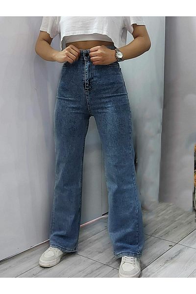 Trn JNS Anna Anii 90 Blue Lycra Blugi largi cu talie super înaltă Pantaloni Palazzo. (Super High) Picior lat