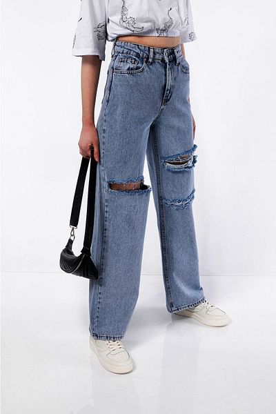 Trn JNS Lycra Ripped Blue Snow Wash Pantaloni de jeans largi cu talie super înaltă. (Super High) Picior lat