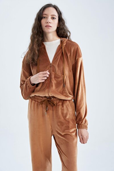 DeFacto Regular Fit Hooded Velvet Cardigan