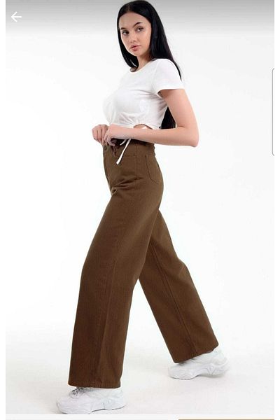 Trn JNS Καφέ Lycra Super ψηλόμεσο φαρδύ τζιν παντελόνι Palazzo. (υπερ-υψηλό) Φαρδύ πόδι