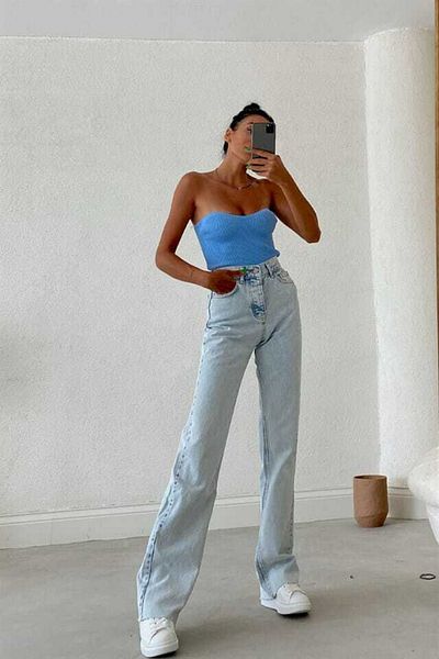 Trn JNS Pantaloni blugi Palazzo largi cu talie extra înaltă, Blue Ice Snow Wash din anii '90