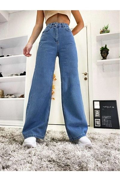Trn JNS Pantaloni Palazzo de blugi largi din lycra albastru mediu cu talie super inalta. (super ridicat)