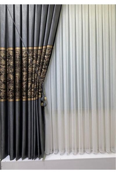 ERNGlobal Pano Fon Perde Antrasit Gri Gold Bantlı (tek Kanat) Yenı2023