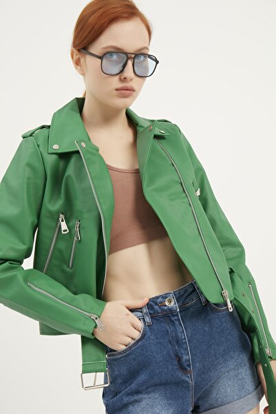 MEECY Γυναικείο δερμάτινο μπουφάν σε σκούρο πράσινο χρώμα με λεπτομέρεια από ...