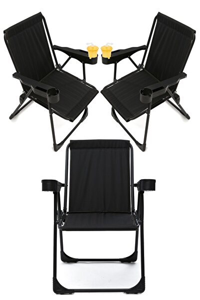 moniev Silva 3 Adet Kamp Sandalyesi Bardaklıklı Lüks Piknik Sandalye Siyah