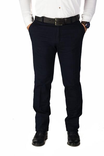 wontilotte Erkek Kışlık Pamuk Gabardin Lacivert Regular Keten Pantolon