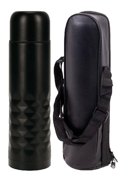 Verahed Deri Kılıflı Bardaklı 500 Ml Mat Siyah Paslanmaz Çelik Küçük Mermi Termos Bardak Mama Termosu.
