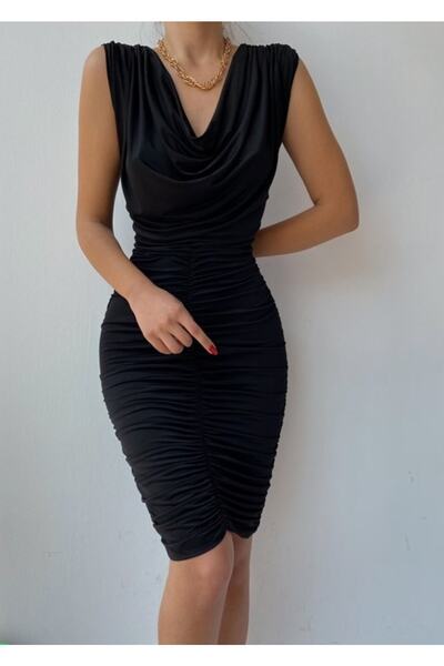 by serkan design Kadın Siyah Degaje Yaka Drapeli Mini Elbise Çift Kat Kumaştan