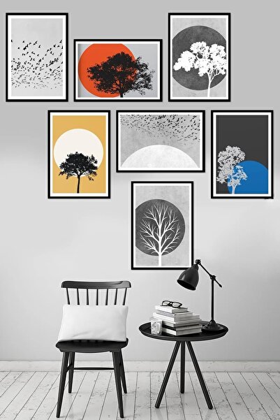 NT Handmade 7 Parça Çerçeve Görünümlü Sarı Kırmızı Mavi Duvar Dekoru Salon Ot...
