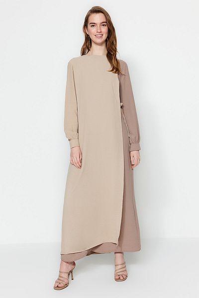 Trendyol Modest Καφέ φραγμένο δέσιμο μέσης Λεπτομερές υφασμένο φόρεμα Aerobin TCTSS23EB00106