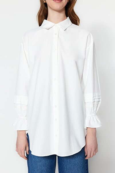 Trendyol Modest Ecru vyšívaná bavlněná košile TCTSS23TG00033