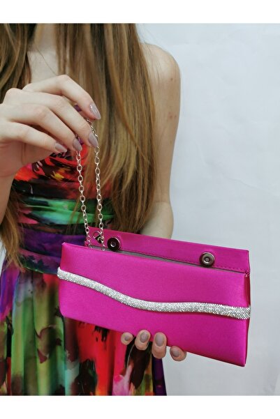 NAZART Women's Satin Fuchsia Stone Evening Dress Clutch Portfolio Handbag Wedding Engagement Bag