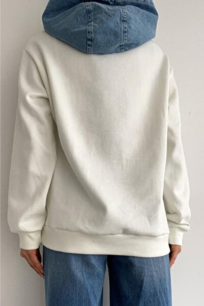 FEMELLE Women's New Season Pearl Studded Denim Detailed Hooded Oversize Sweatshirt