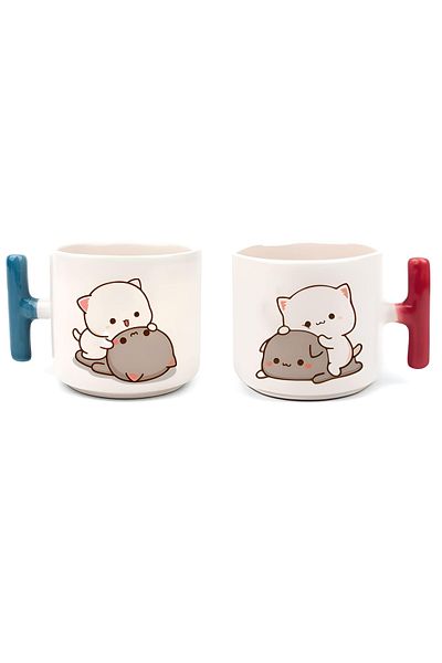 GünayStore Cute Character Printed Lover Couple Mug with Colorful T Handle