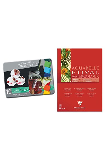 Clairefontaine Etival Üstten Yapışkanlı Sulu Boya Bloğu A4 300gr 15 Yaprak & Cretacolor Tablet Sulu Boya 10 Renk