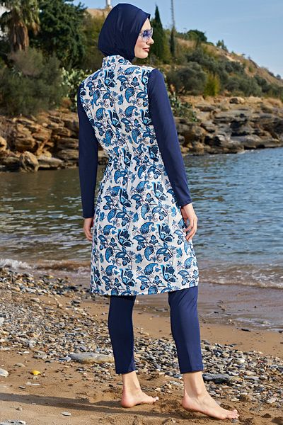 Ruko Maio Rukomayo Blue-white Patterned Stand Collar Zippered Flexible Parachute Fabric Long Length Hijab Swimsuit