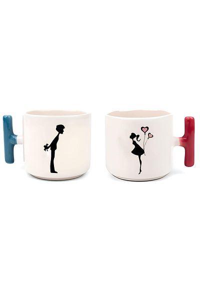 GünayStore Printed Lover Couple Mug with Colored T Handle