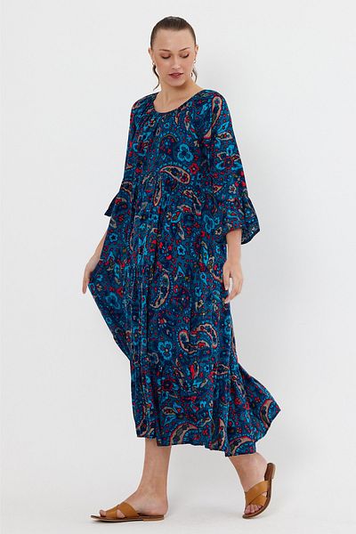 AYASOFYA OTANTIK Rochie de damă, albastru petrol, model șal boem, etnică autentică