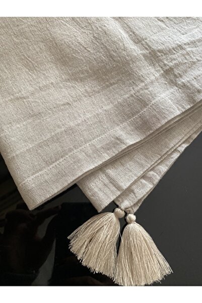 Mix And Match Home Sofra Masa Runner Taş Rengi /bej Pamuk Keten Püskül Detaylı