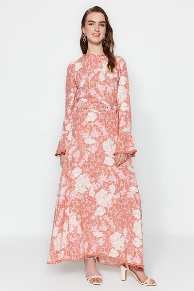 Trendyol Modest Φόρεμα υφαντό με μοτίβο λουλουδιών αποξηραμένο τριαντάφυλλο TCTSS23EB00189