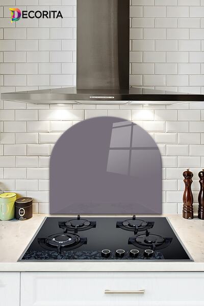Decorita Cam Ocak Arkası Koruyucu | Oval Şekilli | Düz Renk - Gri | 52cm X 60cm