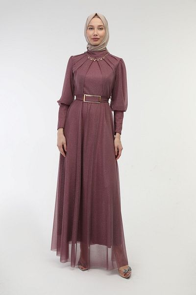 YADE MODA Γυναικείο βραδινό φόρεμα Hijab με κολιέ και λεπτομέρεια ζώνης
