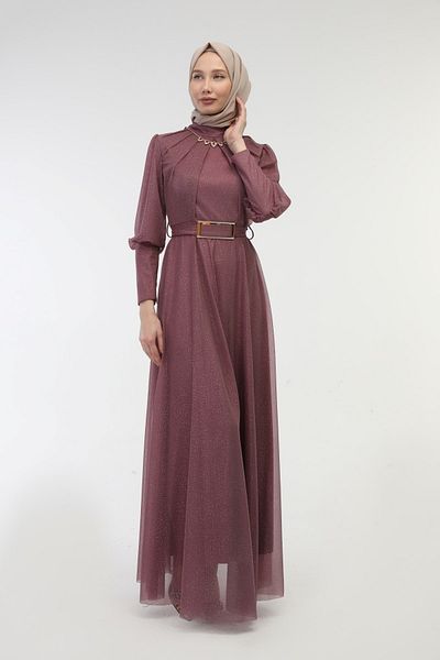 YADE MODA Γυναικείο βραδινό φόρεμα Hijab με κολιέ και λεπτομέρεια ζώνης