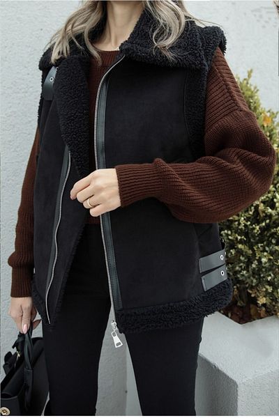 Moda Mix Avcılar Дамска кожена жилетка с пухкав велур