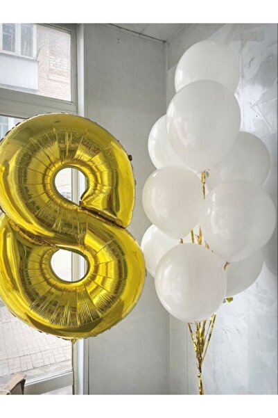 MERİ PARTİ عيد ميلاد 8 سنوات، 8 بالونات فويل و10 بالونات لاتكس بيضاء