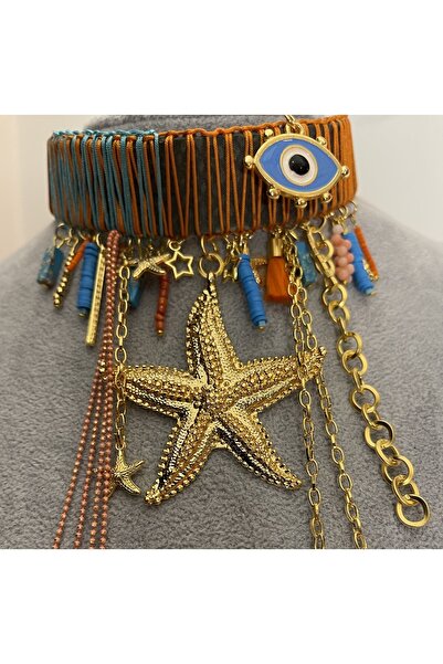 Leyla Tasarım Atölyesi El Yapımı Turuncu & Mavi Özel Tasarım Kolye