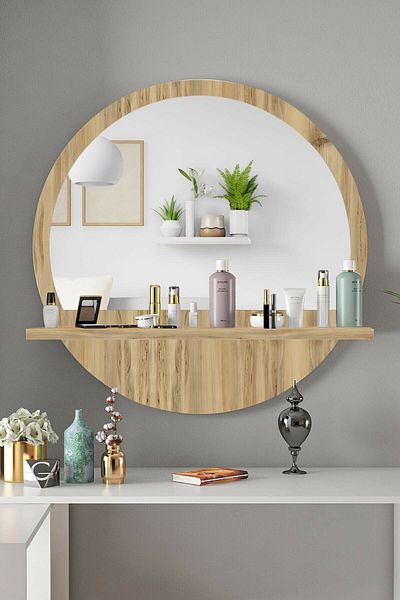TARZDESİGN Round Shelf 45cm Hallway Dresuar Sideboard Wall Living Room Bathroom Office Children's Bedroom Shelf Mirror