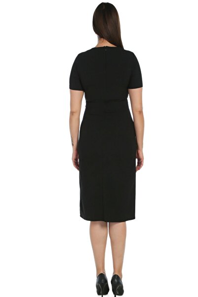 Nidya Moda Büyük Beden Parça Biye Siyah Elbise-4085ys