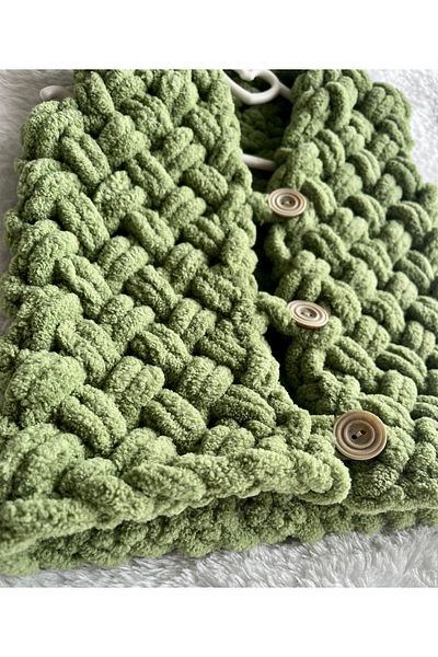 Alize Puffy fine Turtle Green Hand Knitted Baby Vest