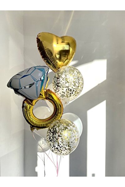 MERİ PARTİ Yüzük Folyo Balon Set Evlilik Teklifi Balon Set Gold Kalp Folyo Ba...