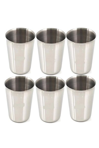abnturk 6 Adet Set Standart Boy 220cc Paslanmaz Çelik Bardak Metal Su Çay Bardağı Kırılmaz Garantili Bardak