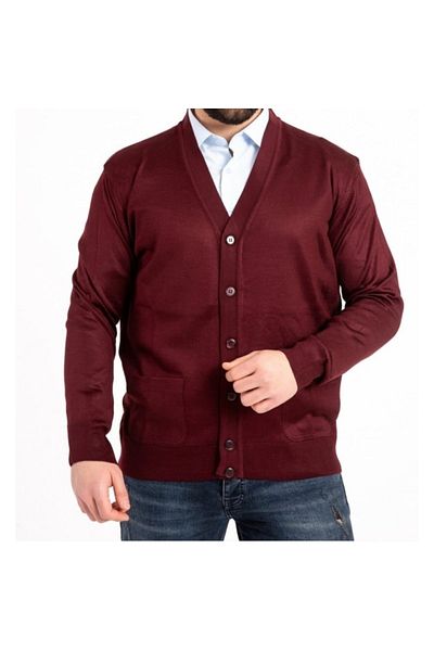 Fresh&Moda Ανδρική πλεκτή μπορντό λεπτή μάλλινη πλεκτή ζακέτα μπαμπάς με τσέπες