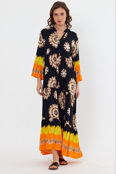 AYASOFYA OTANTIK Rochie de damă, neagră, cu model, cu guler cu plăcuță, detaliată cu nasturi